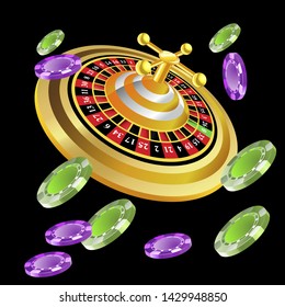 Casino roulette with chips gambling poster banner. Casino vegas fortune roulette wheel design flyer.