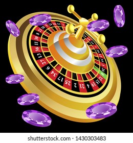 Casino roulette with chips gambling poster banner. Casino vegas fortune roulette wheel design flyer.