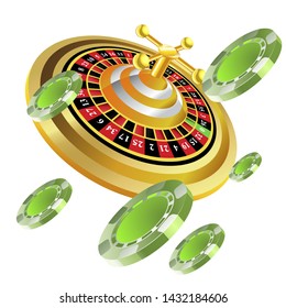 Casino roulette with chips gambling poster banner. Casino vegas fortune roulette wheel design flyer.