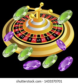 Casino roulette with chips gambling poster banner. Casino vegas fortune roulette wheel design flyer.