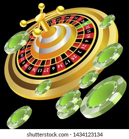 Casino roulette with chips gambling poster banner. Casino vegas fortune roulette wheel design flyer.