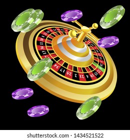 Casino roulette with chips gambling poster banner. Casino vegas fortune roulette wheel design flyer.