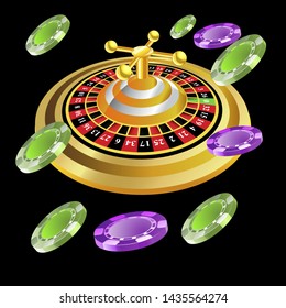 Casino roulette with chips gambling poster banner. Casino vegas fortune roulette wheel design flyer.