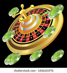 Casino roulette with chips gambling poster banner. Casino vegas fortune roulette wheel design flyer.