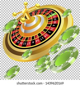 Casino roulette with chips gambling poster banner. Casino vegas fortune roulette wheel design flyer.