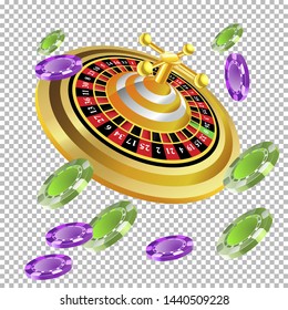 Casino roulette with chips gambling poster banner. Casino vegas fortune roulette wheel design flyer.