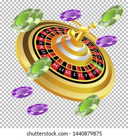 Casino roulette with chips gambling poster banner. Casino vegas fortune roulette wheel design flyer.