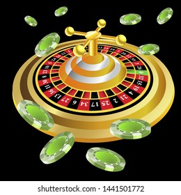 Casino roulette with chips gambling poster banner. Casino vegas fortune roulette wheel design flyer.