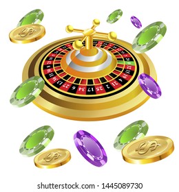 Casino roulette with chips gambling poster banner. Casino vegas fortune roulette wheel design flyer.