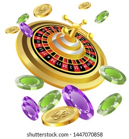 Casino roulette with chips gambling poster banner. Casino vegas fortune roulette wheel design flyer.