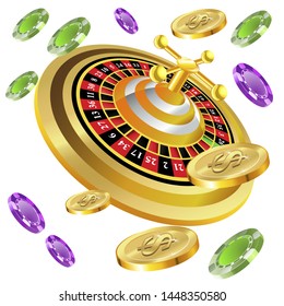 Casino roulette with chips gambling poster banner. Casino vegas fortune roulette wheel design flyer.