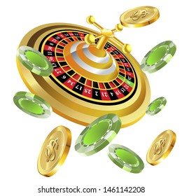 Casino roulette with chips gambling poster banner. Casino vegas fortune roulette wheel design flyer.