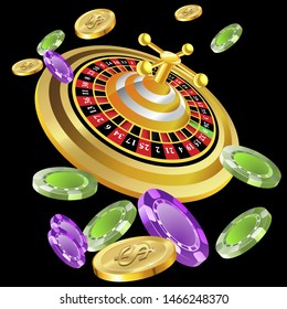 Casino roulette with chips gambling poster banner. Casino vegas fortune roulette wheel design flyer.