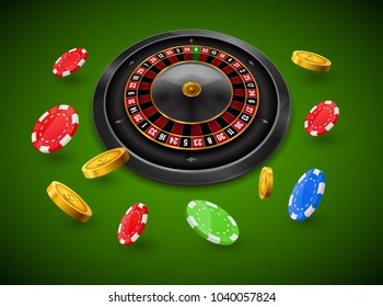 Casino roulette with chips, red dice realistic gambling poster banner. Casino vegas fortune roulette wheel design flyer.
