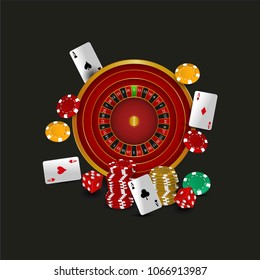 Casino roulette with chips, red dice realistic gambling poster banner.