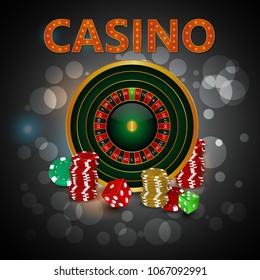 Casino roulette with chips, red dice realistic gambling poster banner.