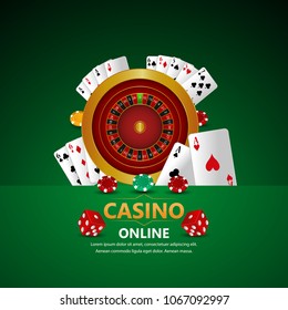 Casino roulette with chips, red dice realistic gambling poster banner.