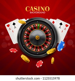 Casino roulette with chips, red dice realistic gambling poster banner. Casino vegas fortune roulette wheel design flyer.