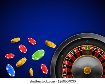 Casino roulette with chips, red dice realistic gambling poster banner. Casino vegas fortune roulette wheel design flyer.