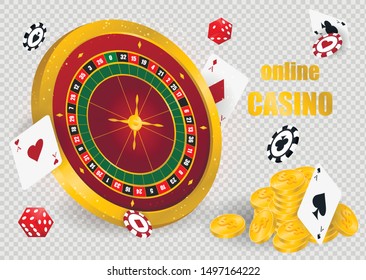 Casino roulette with chips, red dice and coins realistic gambling poster banner. Casino vegas fortune roulette wheel design flyer. Gambling concept, poker mobile app icon