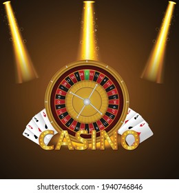 Casino roulette with chips, red dice realistic gambling poster banner.