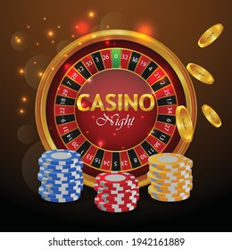 Casino roulette with chips, red dice realistic gambling poster banner.