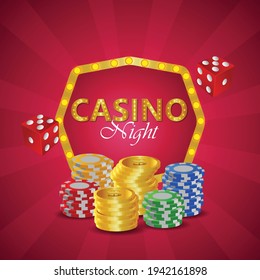 Casino roulette with chips, red dice realistic gambling poster banner.