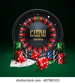 casino roulette, chips, red dice, set,realistic objects,icon, background with place for text