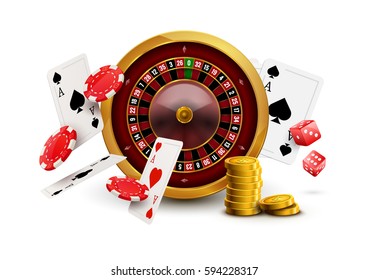 Casino roulette with chips, red dice realistic gambling poster banner. Casino vegas fortune roulette wheel design flyer.