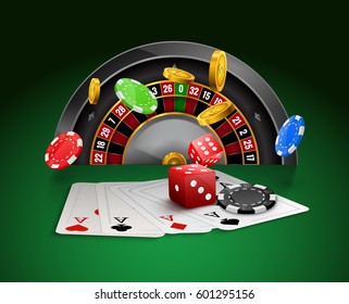 Casino roulette with chips, red dice realistic gambling poster banner. 