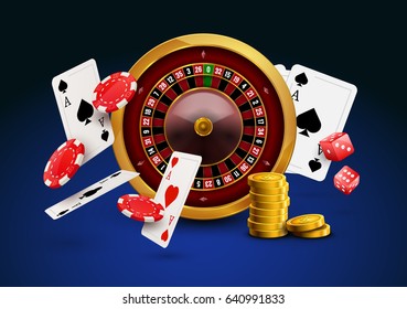 Casino roulette with chips, red dice realistic gambling poster banner. Casino vegas fortune roulette wheel design flyer.