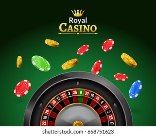 Casino roulette with chips, red dice realistic gambling poster banner. Casino vegas fortune roulette wheel design flyer.