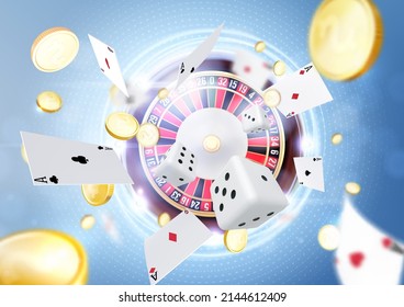 Casino roulette with chips, white dice realistic gambling poster banner. Casino fortune roulette wheel flyer design.