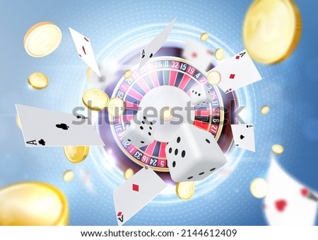 Casino roulette with chips, white dice realistic gambling poster banner. Casino fortune roulette wheel flyer design.