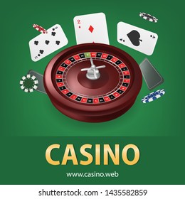 Casino roulette with chips,cards realistic gambling poster banner. Casino vegas fortune roulette wheel design flyer. Green background.