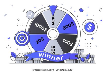 Casino roulette concept. Games for luck and fortune. Prizes and awards, rewards for winner in gambling. Lottery equipment. Linear flat vector illustration isolated on white background