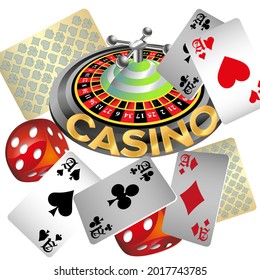 Casino roulette with dice gambling poster banner. Casino vegas fortune roulette wheel design flyer.