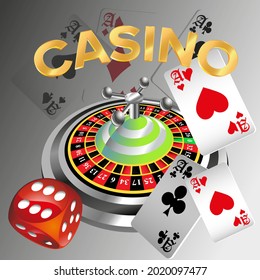 Casino roulette with dice gambling poster banner. Casino vegas fortune roulette wheel design flyer.