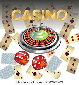 Casino roulette with dice gambling poster banner. Casino vegas fortune roulette wheel design flyer.