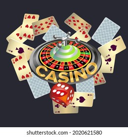 Casino roulette with dice gambling poster banner. Casino vegas fortune roulette wheel design flyer.