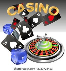 Casino roulette with dice gambling poster banner. Casino vegas fortune roulette wheel design flyer.