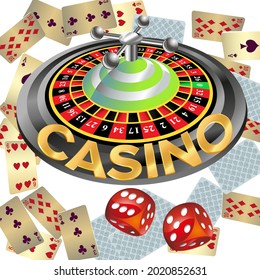 Casino roulette with dice gambling poster banner. Casino vegas fortune roulette wheel design flyer.