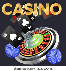 Casino roulette with dice gambling poster banner. Casino vegas fortune roulette wheel design flyer.