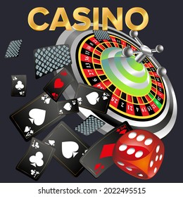 Casino roulette with dice gambling poster banner. Casino vegas fortune roulette wheel design flyer.