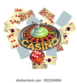 Casino roulette with dice gambling poster banner. Casino vegas fortune roulette wheel design flyer.