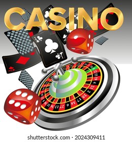 Casino roulette with dice gambling poster banner. Casino vegas fortune roulette wheel design flyer.