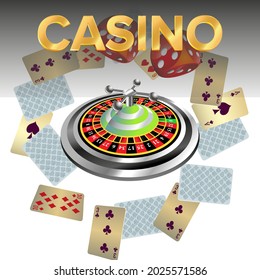 Casino roulette with dice gambling poster banner. Casino vegas fortune roulette wheel design flyer.