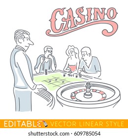 Casino Roulette funny caricature. Hand drawn sketch editable stock illustration