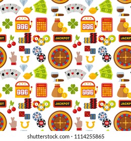 Casino roulette gambler joker slot machine poker game seamless pattern background vector illustration.