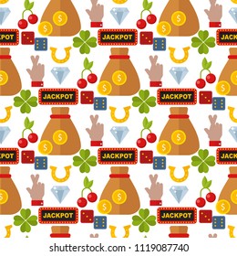 Casino roulette gambler joker slot machine poker game seamless pattern background vector illustration.
